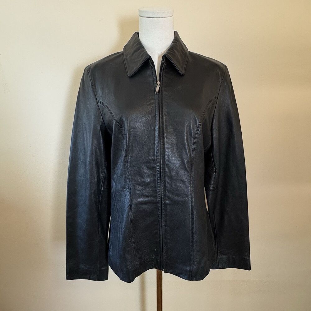 Vintage Nine West Soft Leather Jacket Women's Medium Zip Front Pockets Black